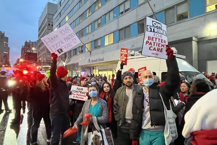 Nurses begin a picket line at Mount Sinai Hospital in Harlem, after a flurry of recent negotiations failed to yield a labor contract at the medical center. Nurses with Montefiore Medical Center are also striking in the Bronx. Photo taken Jan. 9, 2023.